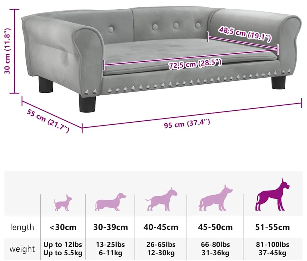 Cama para cães 95x55x30 cm veludo cinzento-claro