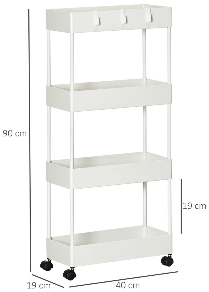 Carrinho Auxiliar com Rodas Carrinho de Armazenamento com 4 Cestas e 4 Ganchos Amovíveis 40x19x90 cm Branco