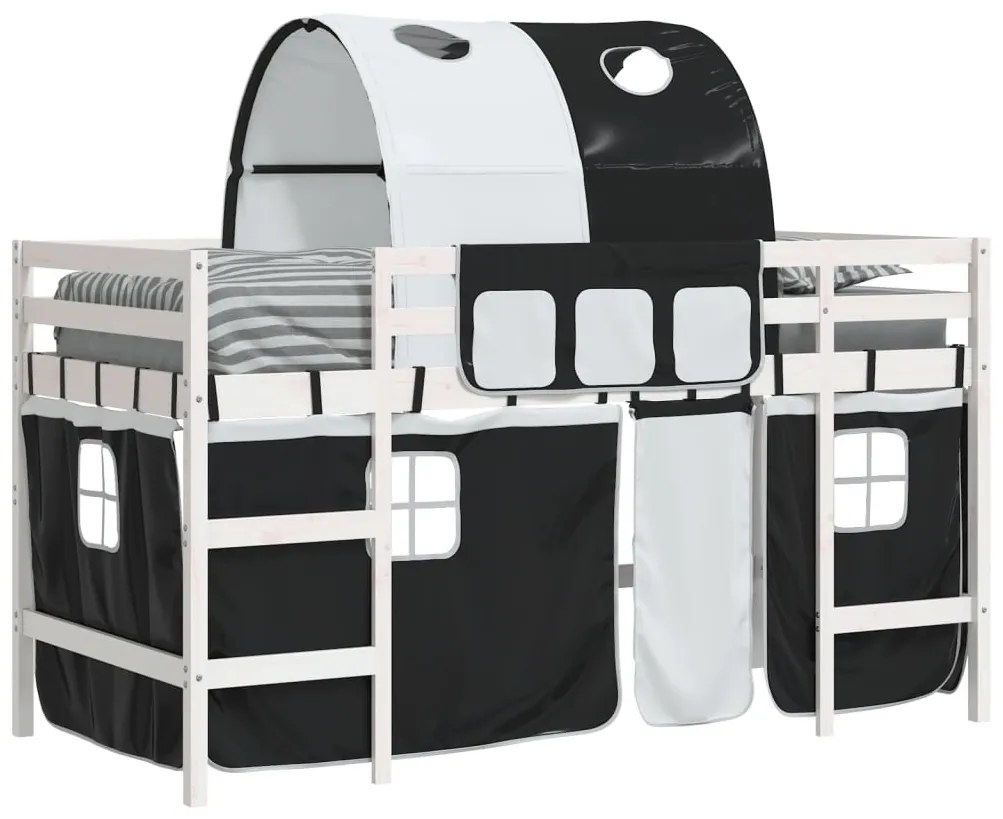 Cama alta criança c/ túnel 90x200 cm pinho maciço branco/preto