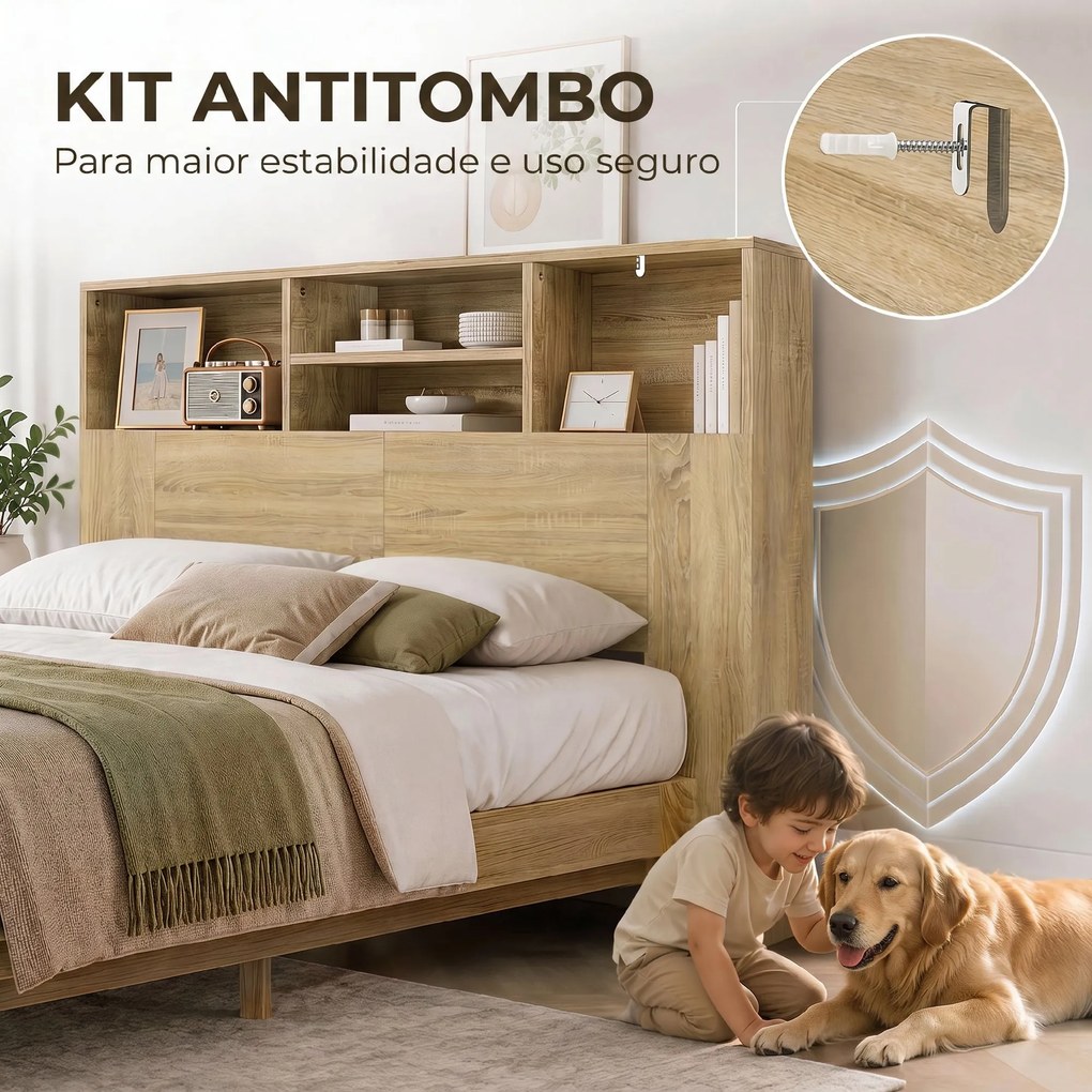 Cabeceira de Cama 140 cm com Arrumação e 4 Compartimentos Abertos, Carvalho