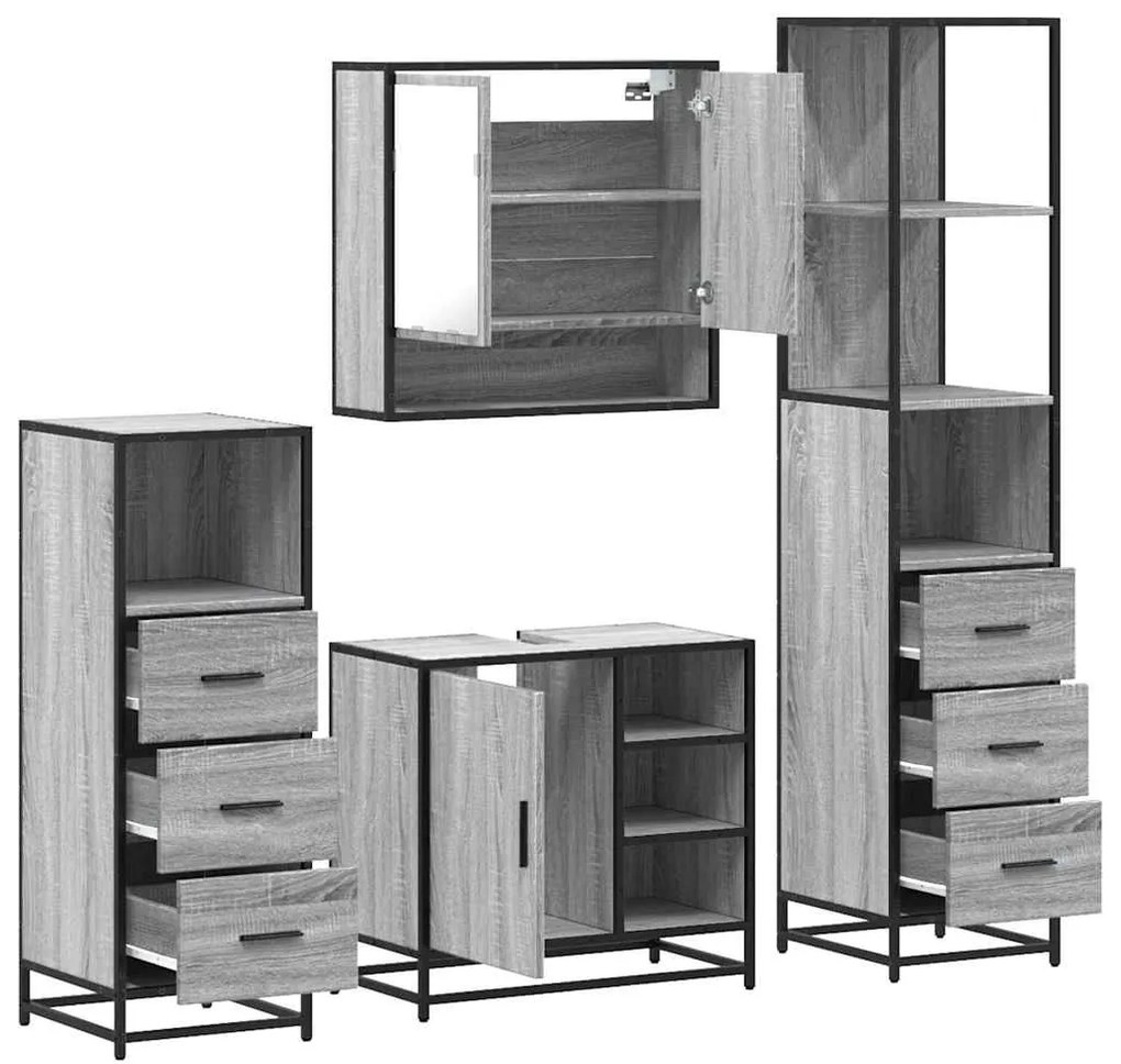 4 pcs Conjunto móveis casa de banho madeira proc. cinza sonoma