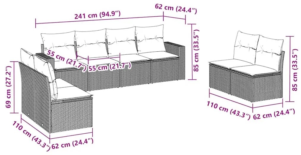 8 pcs conjunto sofás de jardim c/ almofadões vime PE castanho