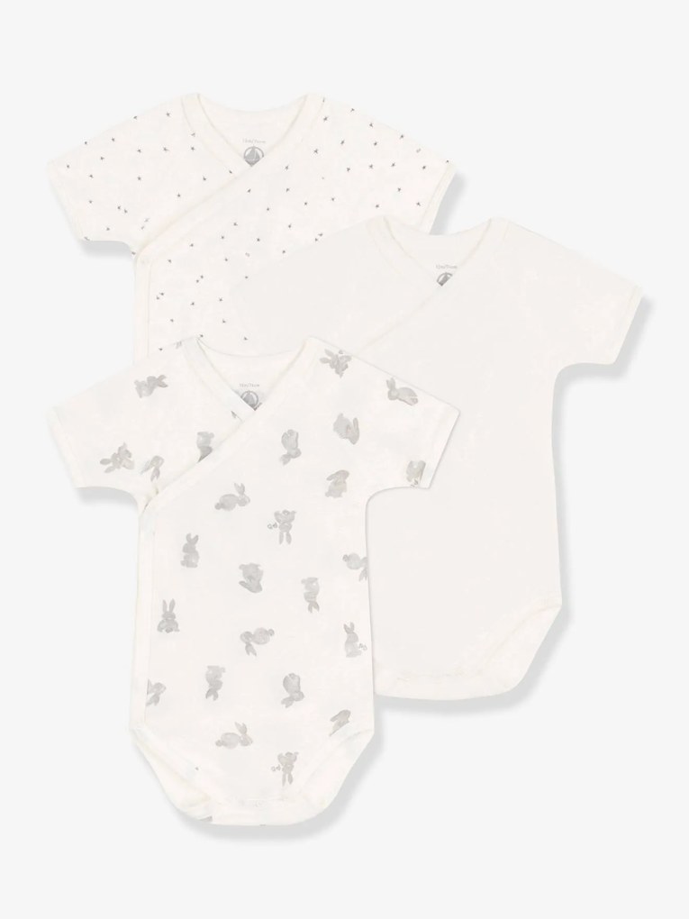 Lote de 3 bodies recém-nascido, de mangas curtas, em algodão bio, da Petit Bateau branco