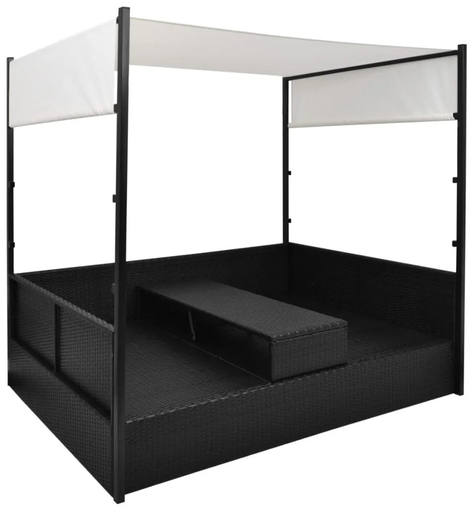 Espreguiçadeira de jardim com toldo 190x130 cm vime PE preto