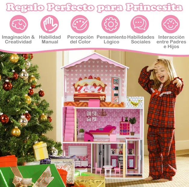 Casa de Bonecas em Madeira Brinquedo para Crianças 3+ Anos com Quartos Simulados Elevador Funcional Papel de Parede Funcional 70 x 30 x 108 cm Rosa