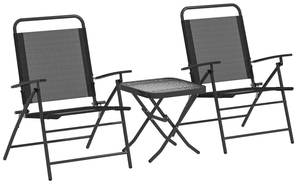 Outsunny Conjunto de Mesa e Cadeiras de 3 Peças Móveis de Jardim Dobráveis com Encosto Ajustável e Bancada de Vidro Preto | Aosom Portugal