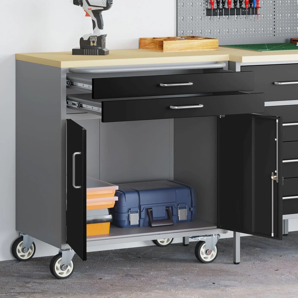 Gabinete de Ferramentas com Rodas e Portas Trancáveis Preto 75x45x85 c