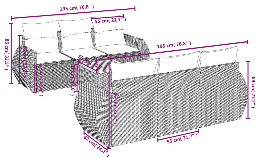 7 pcs conjunto de sofás p/ jardim com almofadões vime PE bege