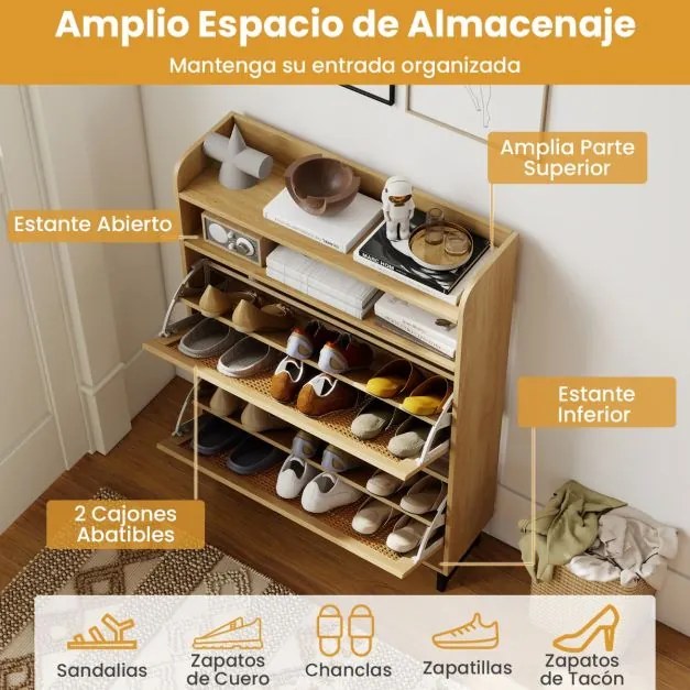 Sapateira com 2 gavetas rebatíveis 80 x 24 x 115 cm com portas de rattan e pés de metal Armário de armazenamento natural
