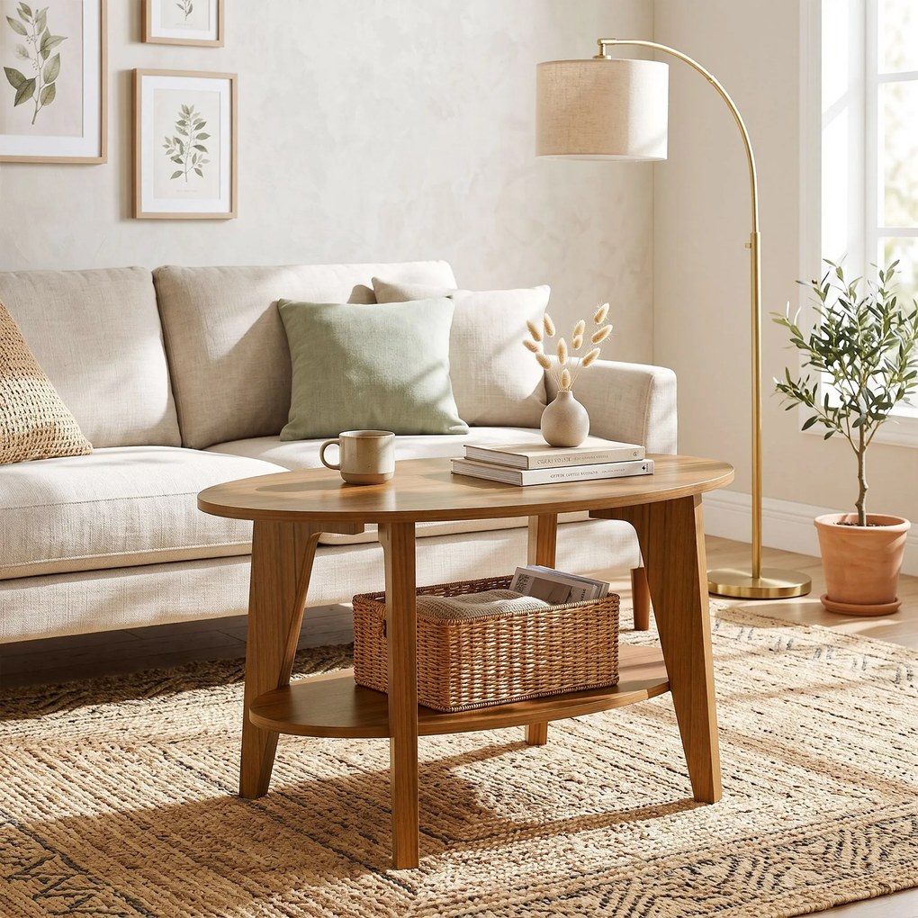 Mesa de Centro Oval, 80 x 50 x 45 cm, Arrumação em Dois Níveis, Cor Carvalho