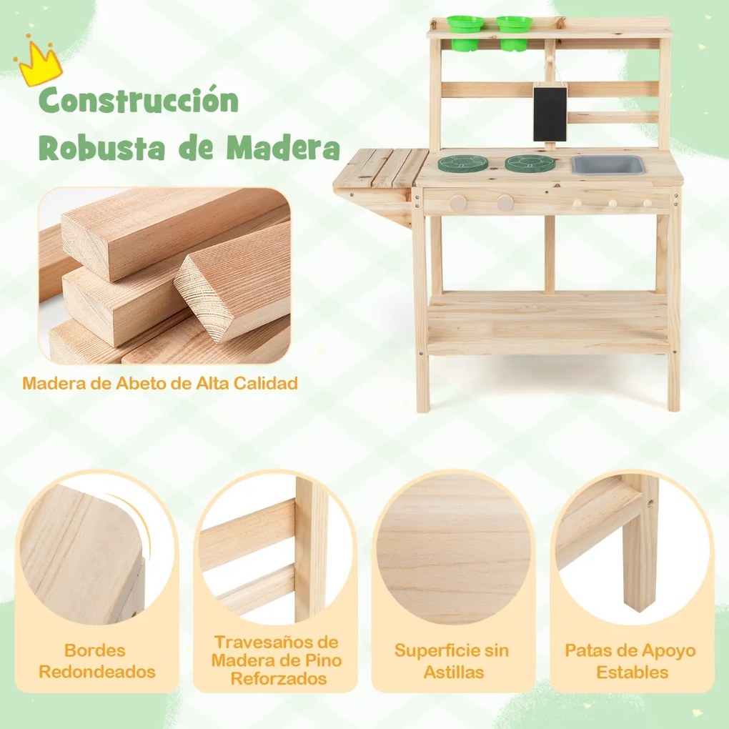 Cozinha brincar de madeira 75 x 30 x 88,5 cm com fogões, puxadores giratórios, quadro de giz, vasos, estantes e espaço de arrumação 3+ Anos Natural
