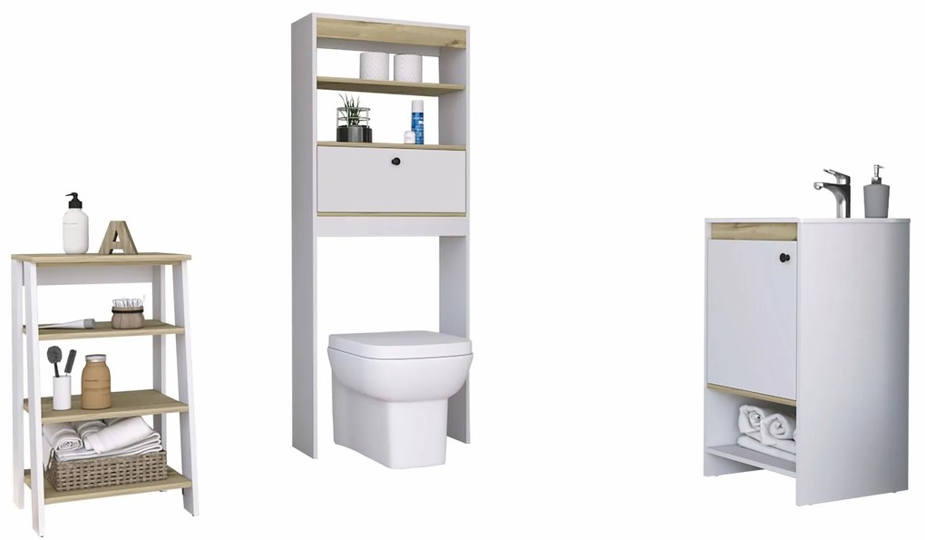 Conjunto Malaga, Estante Casa de Banho Z 44 + Móvel de Casa de Banho com Lavatório + Prateleira de Banheiro sobre Sanita ,75.6/85/160 H cm X 44/45/63.1 W cm X 40/45/25.1 D cm , Dune/Branco