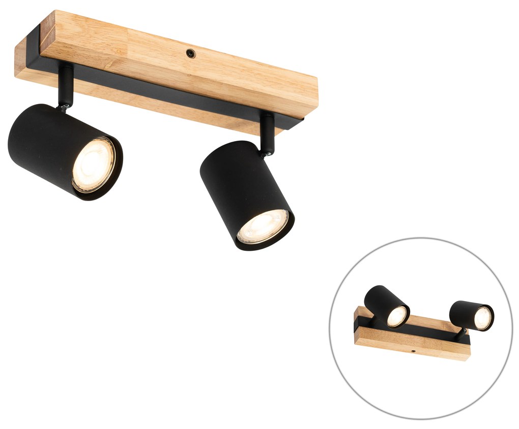 Candeeiro de teto preto com madeira 2 luzes ajustável retangular - Jeana Moderno,Industrial