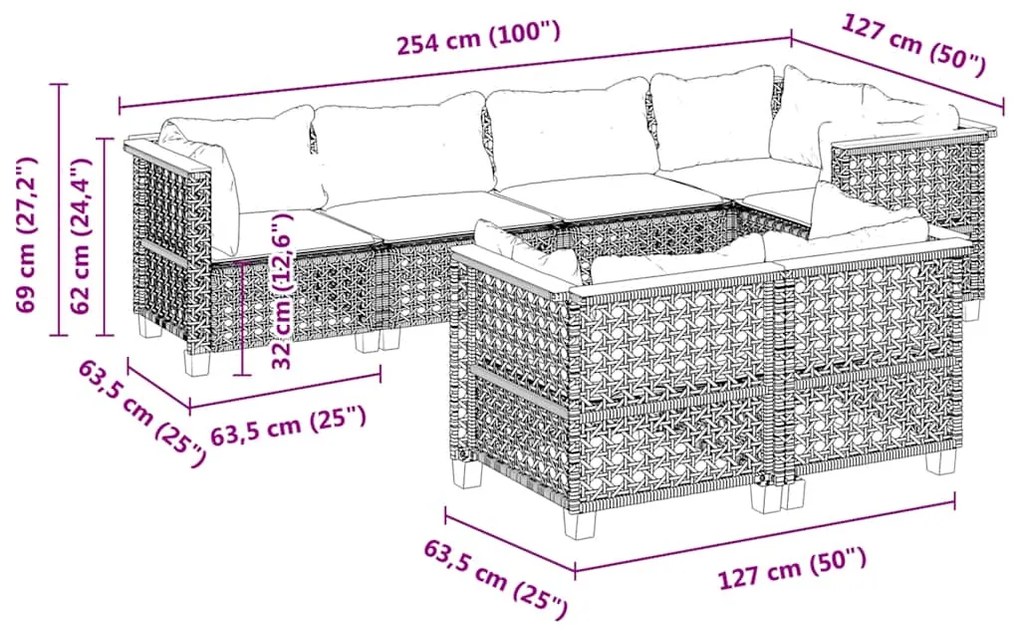 7 pcs conjunto sofás p/ jardim c/ almofadões vime PE cinzento