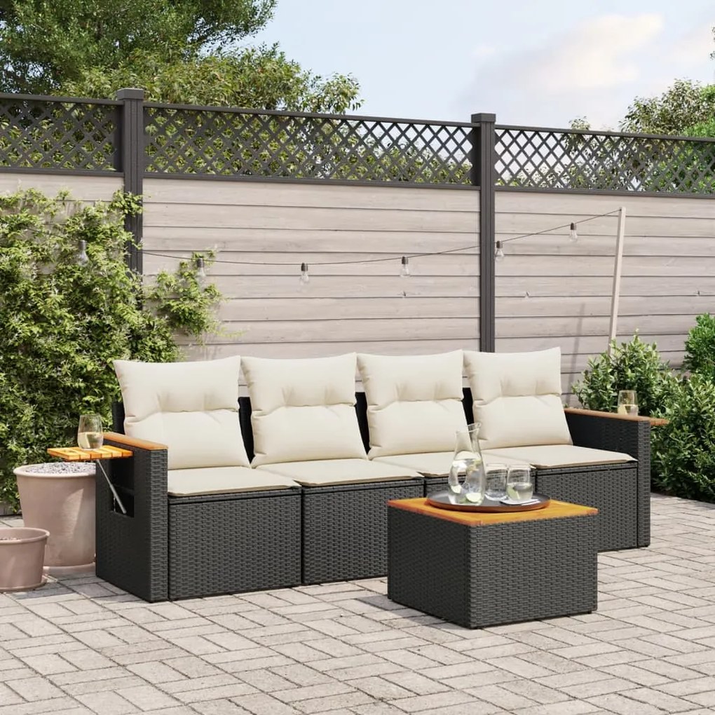 5 pcs conjunto sofás de jardim com almofadões vime PE preto