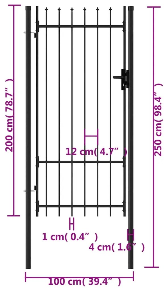 Portão de vedação individual topo em espeto aço 1x2 m preto