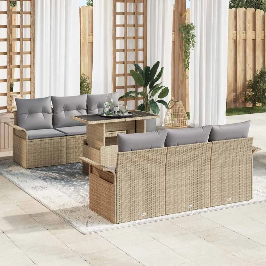 vidaXL Conjunto de Sofá de Jardim com 7 Peças e Almofadas Bege em Rattan Sintético