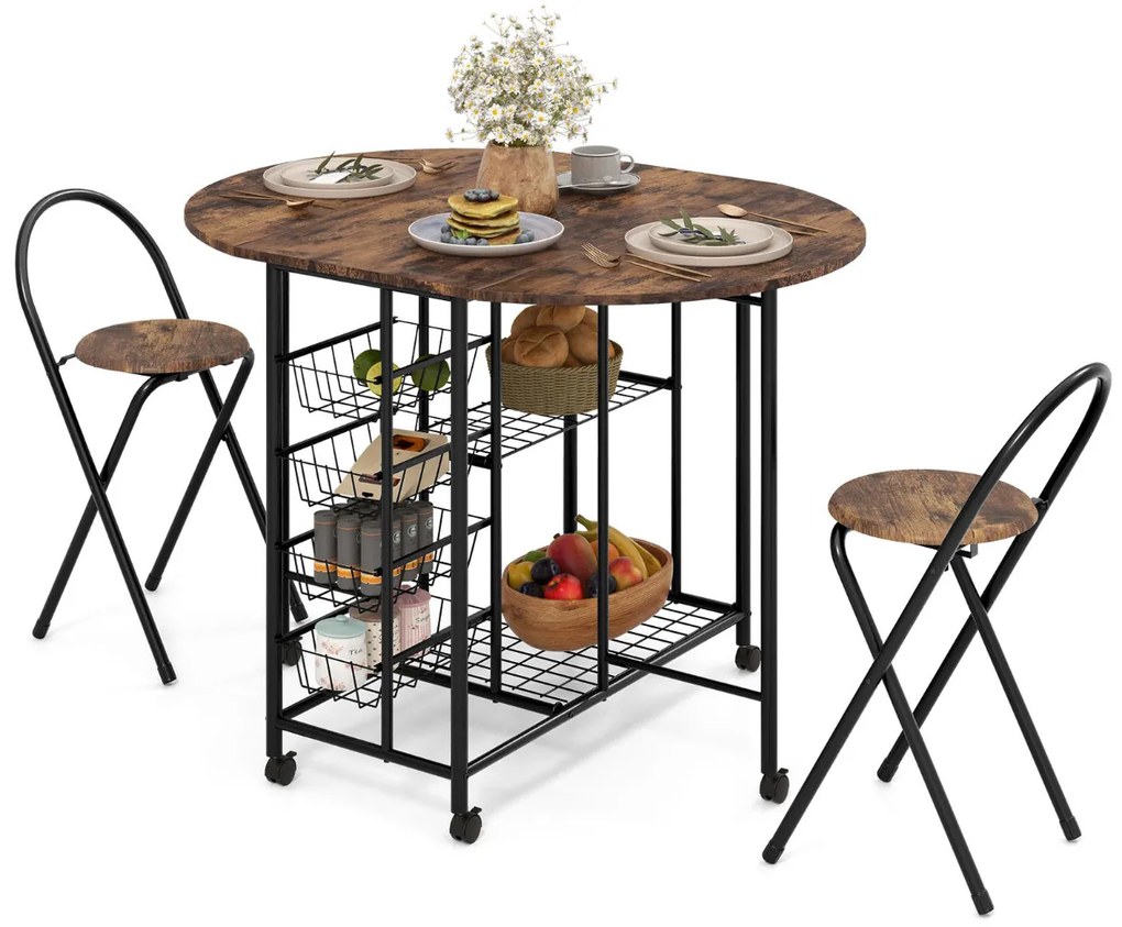 Conjunto de mesa e cadeiras dobráveis de 3 peças, mesa dobrável versátil com 2 prateleiras, 2 bancos para cozinha, sala de jantar, bar, Castanho Esc