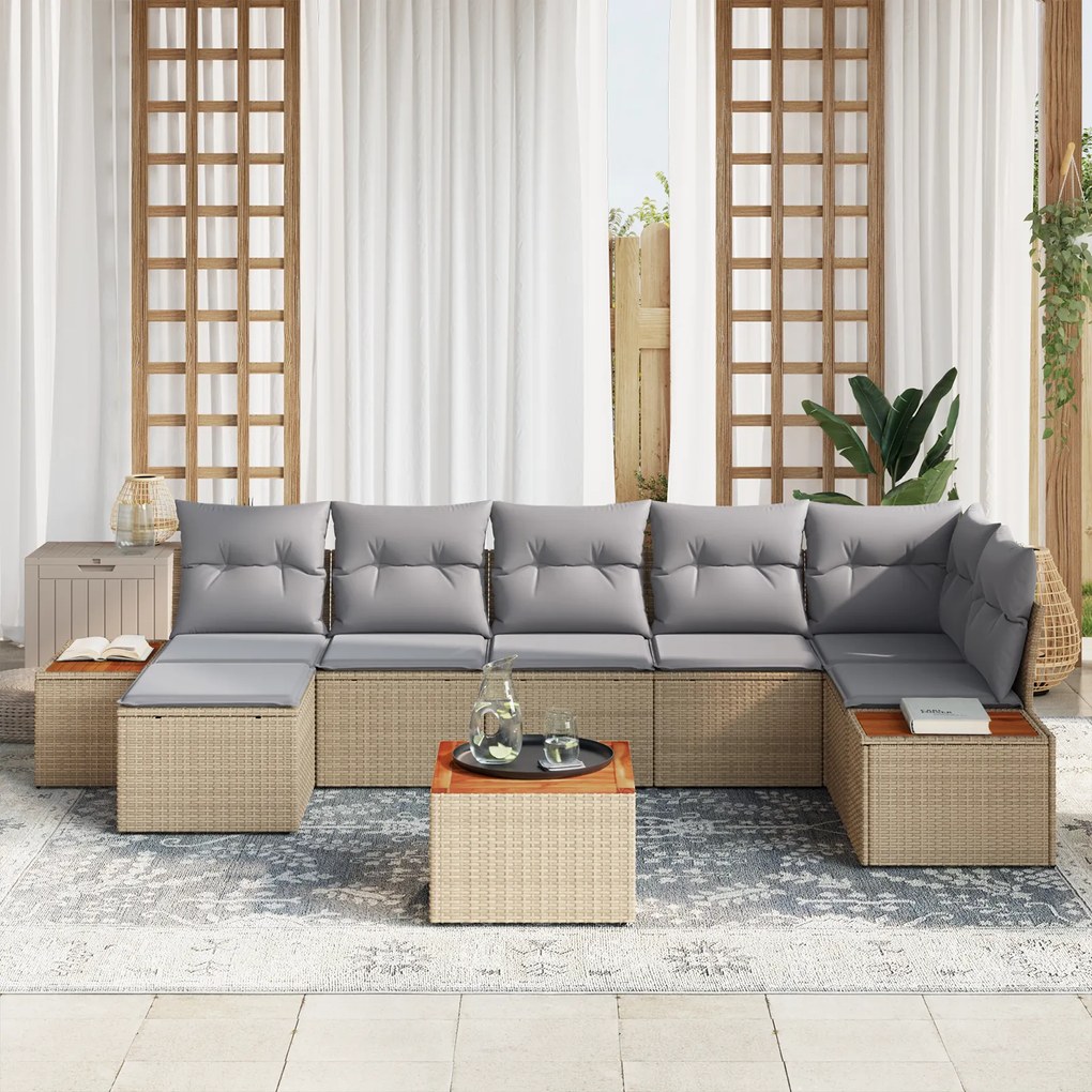 Conjunto de Sofá de Jardim de 8 Peças com Almofadas Bege Rattan Sintét