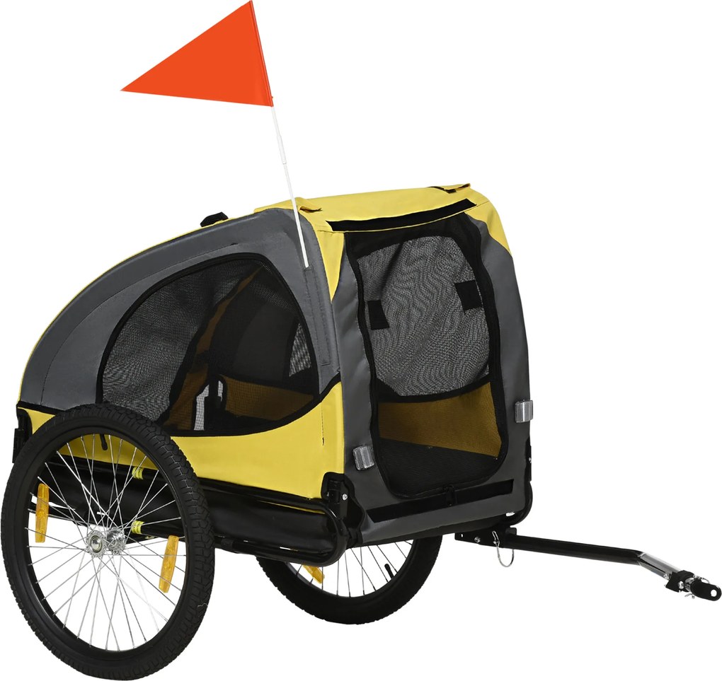PawHut Reboque para Cães, Janelas de Rede, Cobertura Enrolável, Engate Universal, Estrutura em Aço, Amarelo, 140 x 71 x 83 cm | Aosom Portugal