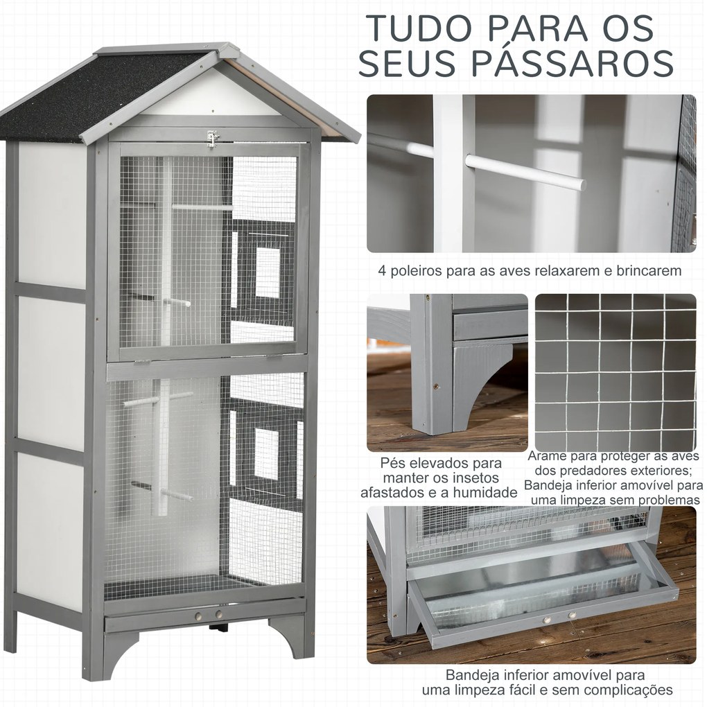 Gaiola para Pássaros de Madeira com 3 Portas 4 Poleiros Bandeja Amovível e Teto Asfáltico 80,5x57x153 cm Cinza Claro