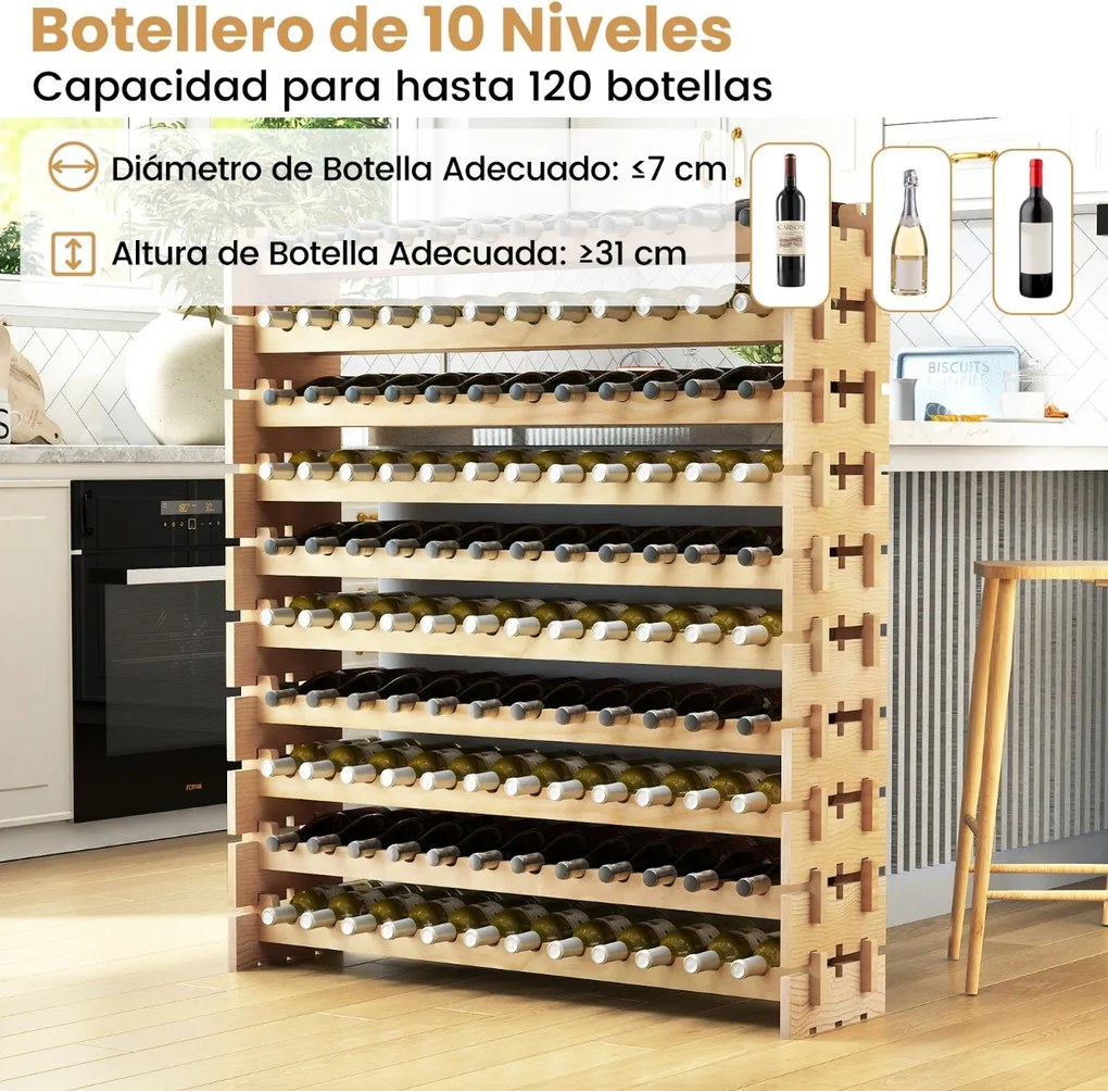 Garrafeira de Vinho, 120 x 29 x 79 cm, Capacidade para 72 Garrafas, Cor Natural