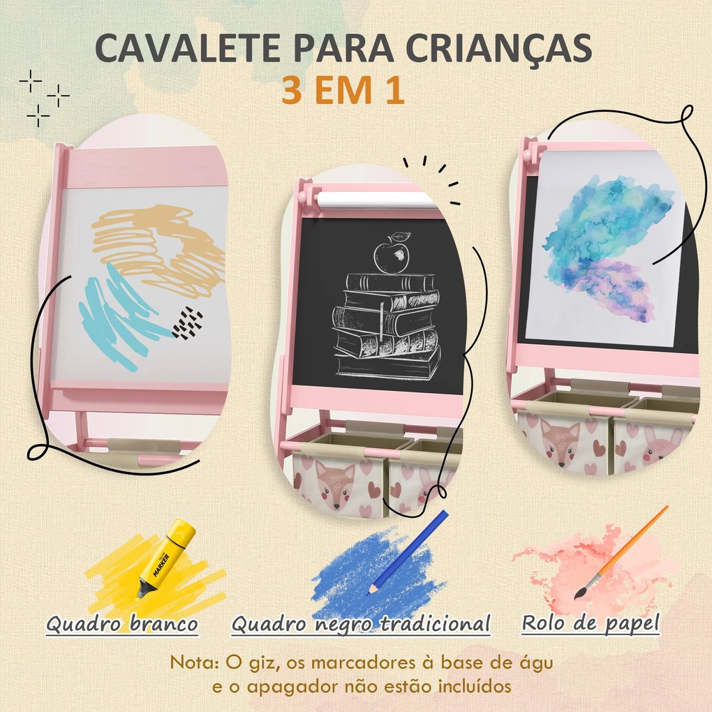 Cavalete para Crianças 3 em 1 Cavalete de Arte com Rolo de Papel Quadro e 2 Cestas de Armazenamento 54x46,5x93 cm Rosa