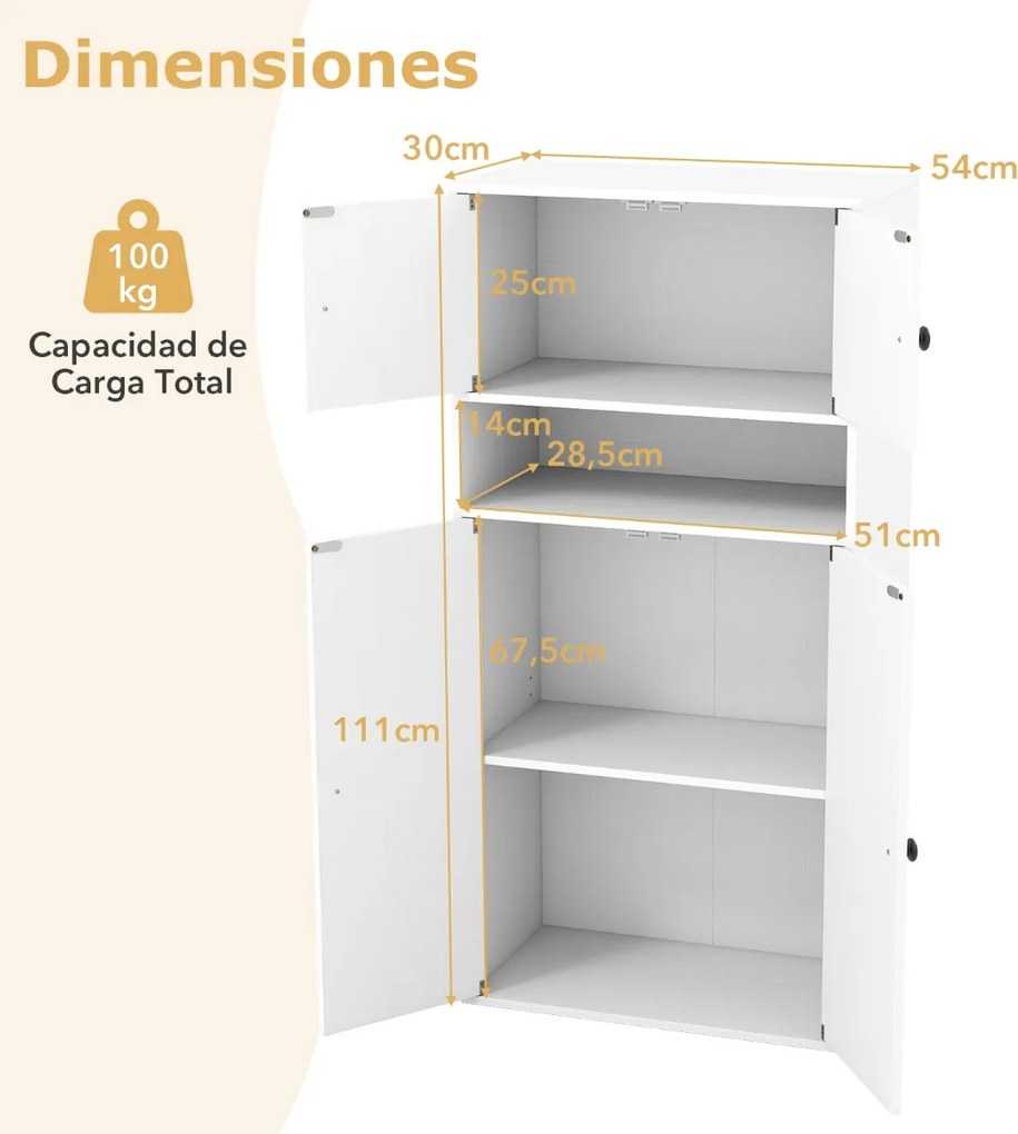 Estante com 4 portas de armazenamento moderno 54 x 30 x 111 cm de 4 níveis com prateleiras ajustáveis branco