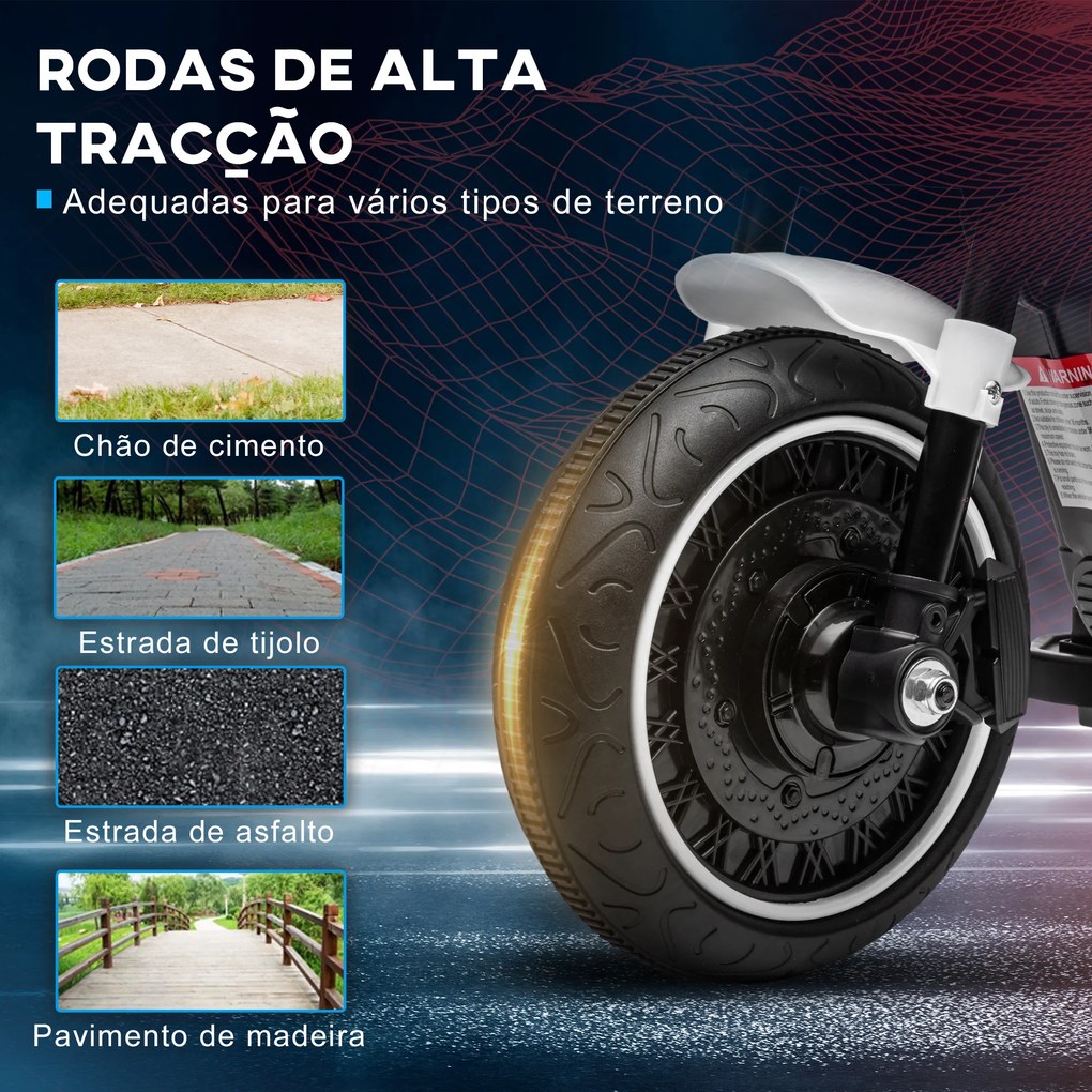 Motocicleta Elétrica para Crianças de 18-36 Meses com Bateria 6V Farol e Rodas Auxiliares Removíveis 76x42x57 cm Branca