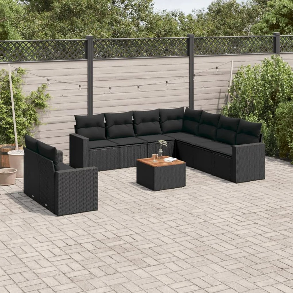 10 pcs conjunto sofás de jardim c/ almofadões vime PE preto