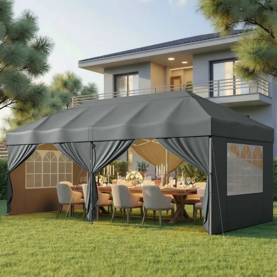 Tenda dobrável de 3 x 6 m para jardim e festas, com 6 paredes laterais, cinzento escuro