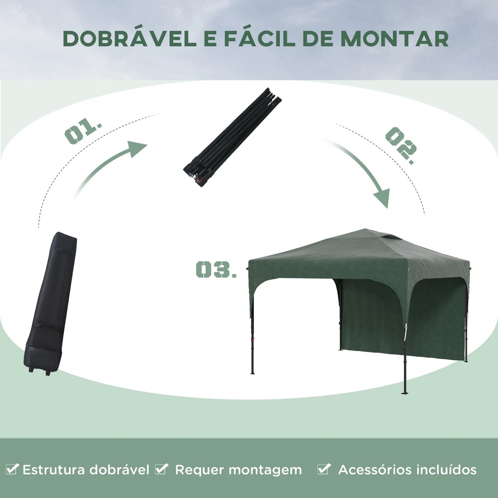 Tenda Dobrável com Altura Ajustável 1 Parede Lateral Teto com Ventilação 4 Sacos de Areia e Bolsa de Transporte 3x3 m Verde