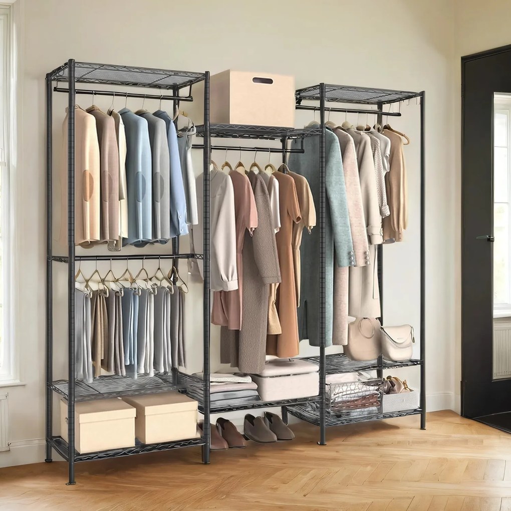 Guarda-roupa em metal aberto com 4 varões e 8 prateleiras 40 x 175 x 180 cm Preto