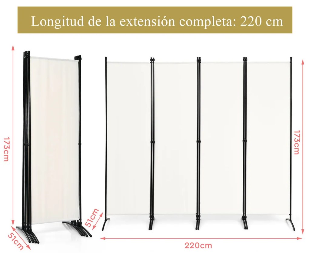 Biombo de 4 painéis Divisória de tecido dobrável Divisória de privacidade de pé 220 x 51 x 173 cm Branco