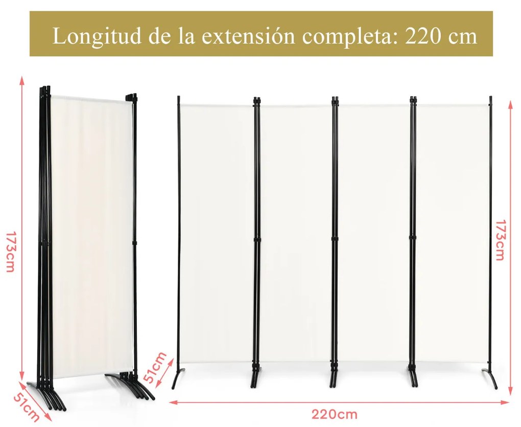 Biombo Divisória de 4 painéis de tecido dobrável Divisória de parede de fibra portátil Tela de privacidade de 220 x 51 x 173 cm Branco
