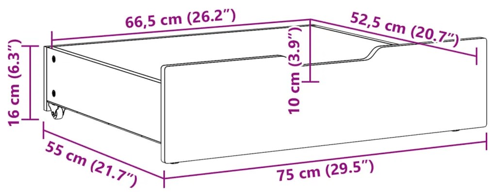 Gavetas para cama com rodas 2 pcs 75x55x16 cm pinho maciço