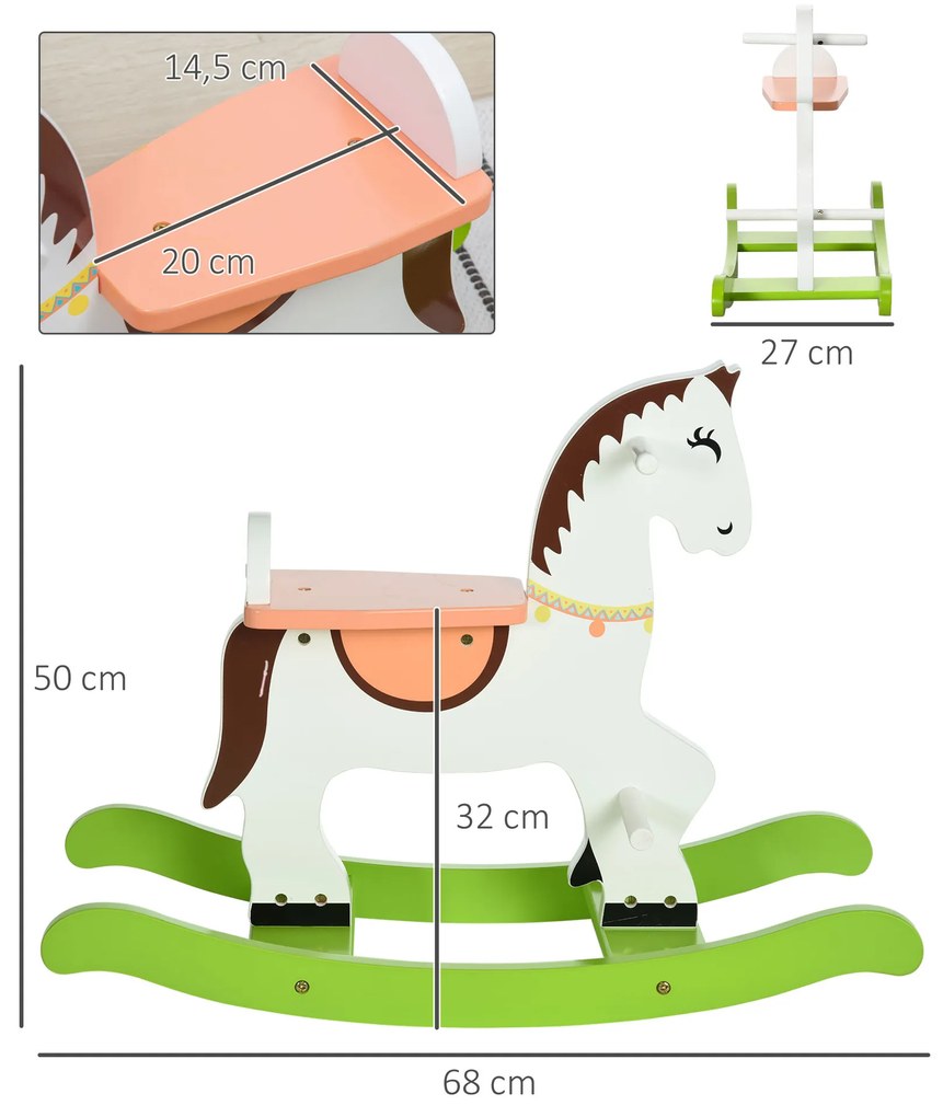 Cavalo Baloiço para Crianças de 1-3 Anos Cavalo Baloiço de Madeira com Guiador e Apoio para os Pés Carga Máxima 50kg 68x27x50cm Branco e Verde