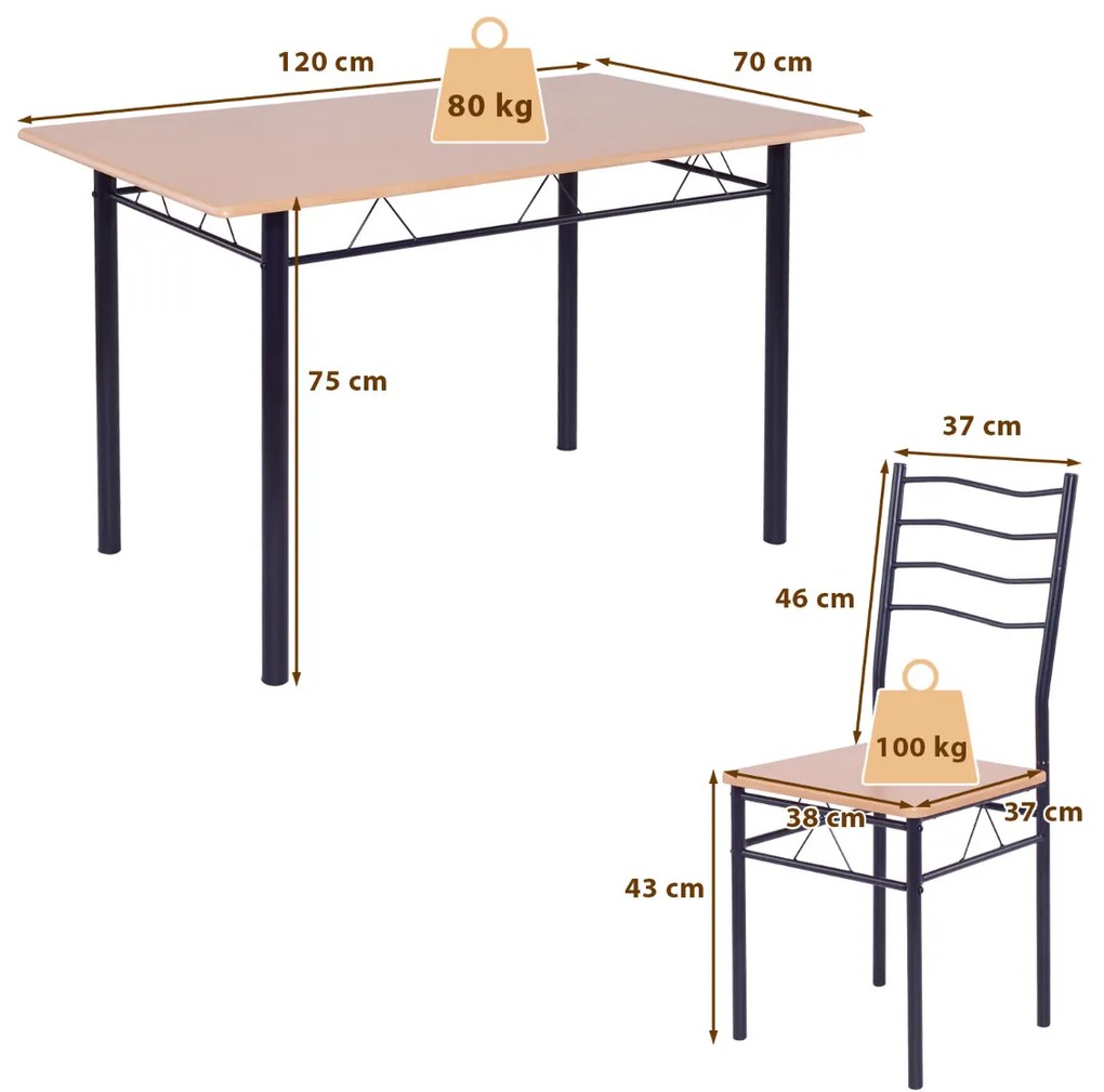 Conjunto de móveis de cozinha de 5 peças, mesa retangular, estrutura de aço, 4 cadeiras, almofadas com encosto alto para sala de jantar, cor de faia