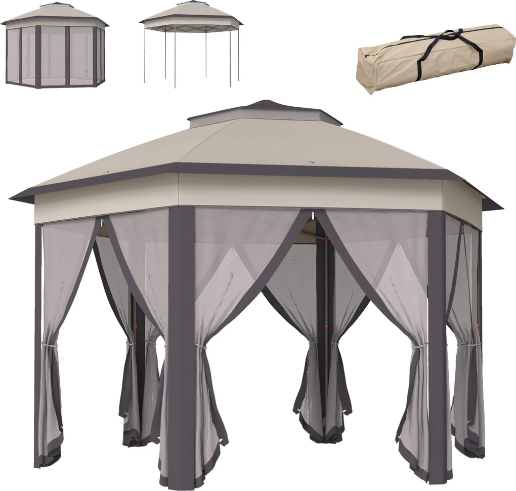 Outsunny Tenda Dobrável 4x3,4 m Hexagonal com Duplo Teto 6 Mosquiteiras Destacáveis e Saco de Transporte Castanho e Bege | Aosom Portugal