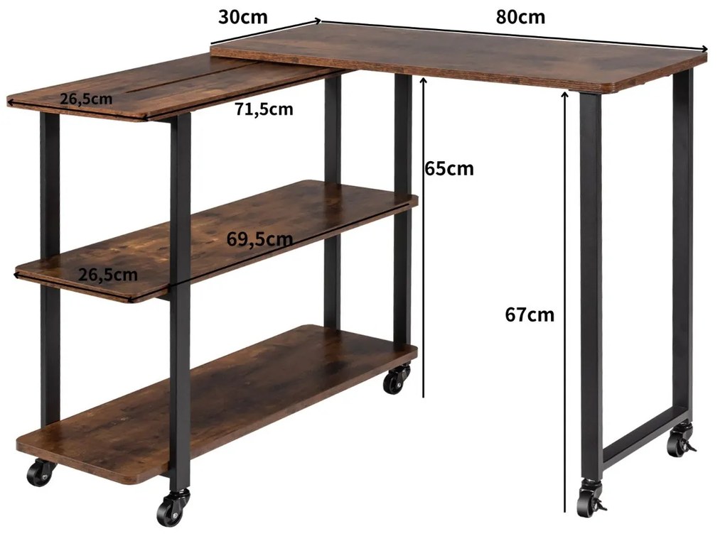 Secretária Mesa de Computador em Estilo Industrial com Rodas e Superfície Móvel e Estrutura Metálica para 80 x 30 x 67 cm Castanho Rústico