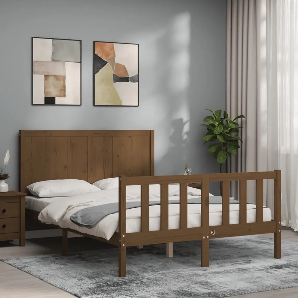 Estrutura de cama dupla pequena 4FT madeira maciça castanho-mel