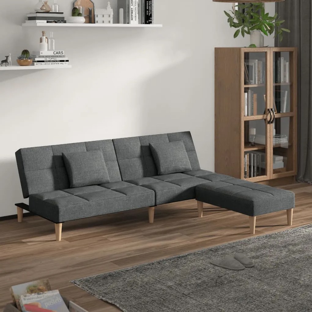 3080600 vidaXL Sofá-cama 2 lug c/ 2 almofadas/apoio de pés tecido cinza-escuro