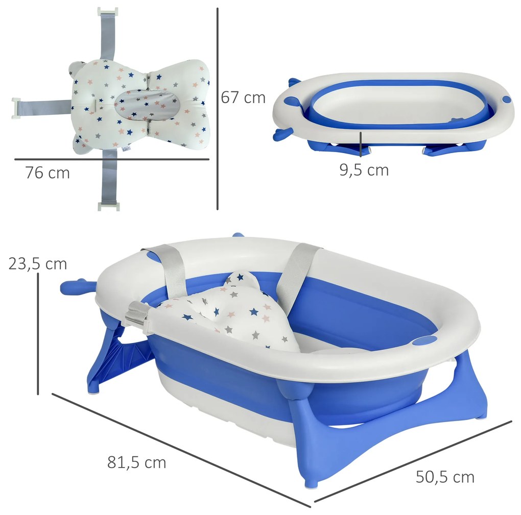 Banheira para Bebé Recém Nascido até 3 Anos Dobrável 30 Litros com Tampa Termossensível e Almofada Confortável Almofadas Antiderrapantes 81,5x50,5x23,