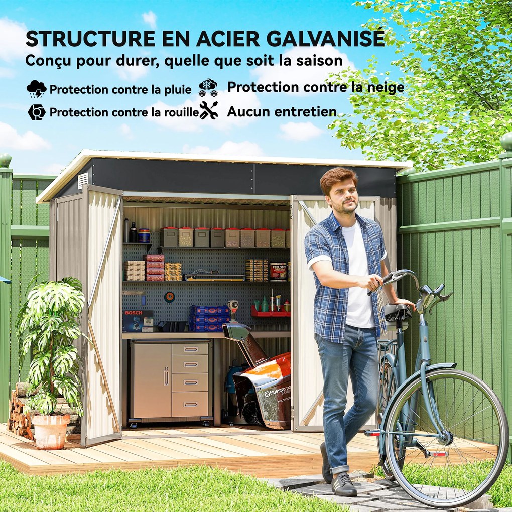 Abrigo de jardim em metal 234 x 132 x 185 cm, com três portas com fechadura, telhado inclinado e aberturas de ventilação, cinzenta