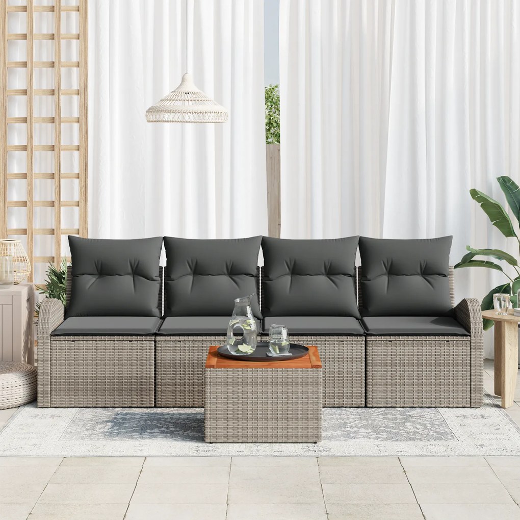 Conjunto de Sofá de Jardim de 5 Peças com Almofadas Cinza Vime Acácia,