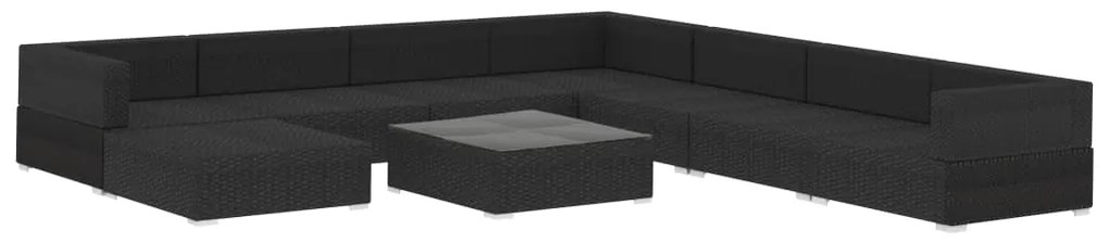 9 pcs conjunto lounge de jardim c/ almofadões vime PE preto