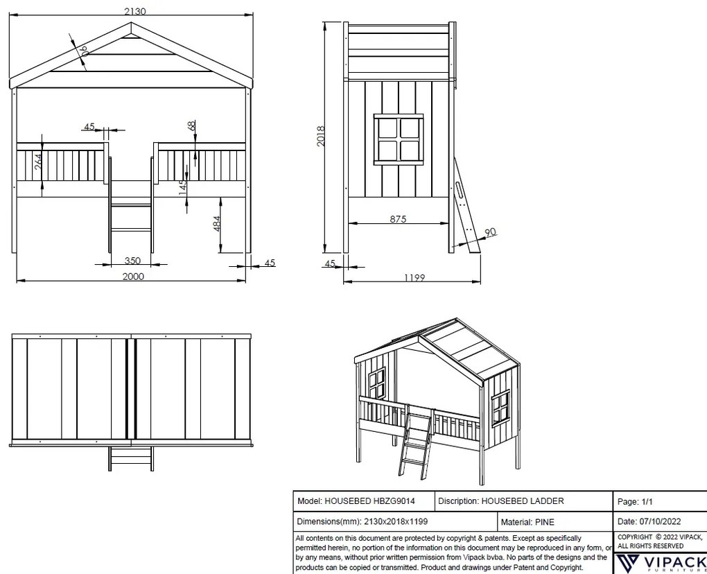 Cama para Crianças Casa HOUSEBED COM ESCADA BRANCA
