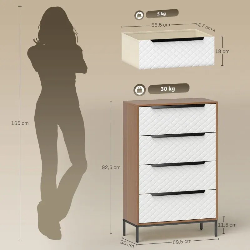 Cómoda com 6 Gavetas de Tecido Frentes com Padrão de Diamante Móvel de Arrumação 117,5x30x73,5 cm Madeira e Branco