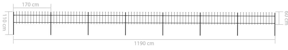 Cerca jardim com topo em lanças 11,9x0,6 m aço preto