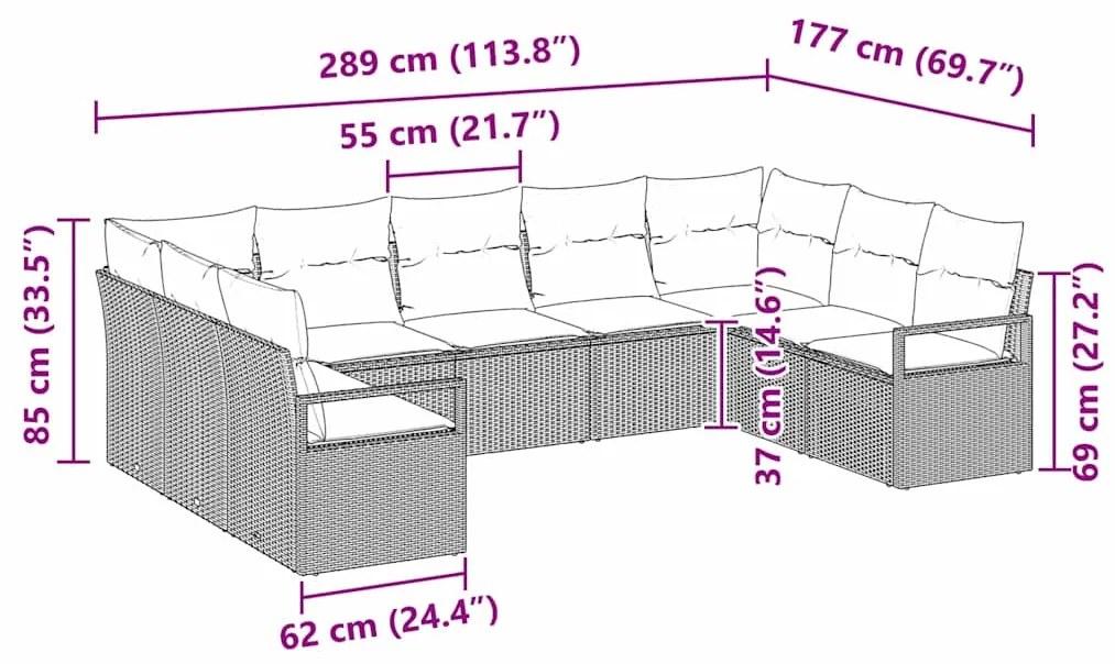 Conjunto de Sofá de Jardim 9 Peças com Almofadas Cinza Claro em Rattan